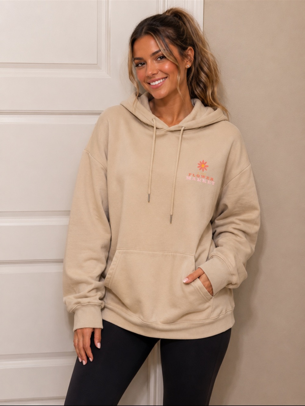 SHEIN Cream Fleece Pullover with Black Logo Tag